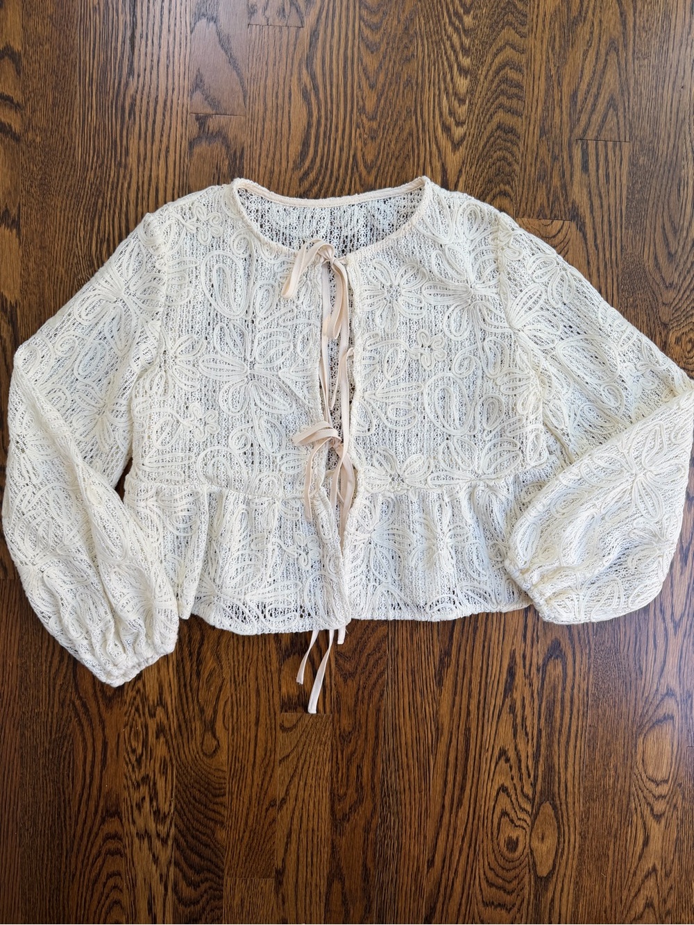 Lace Peplum Tie-Front Long Sleeve Cream Cottagecore Feminine Romantic Flowy Top